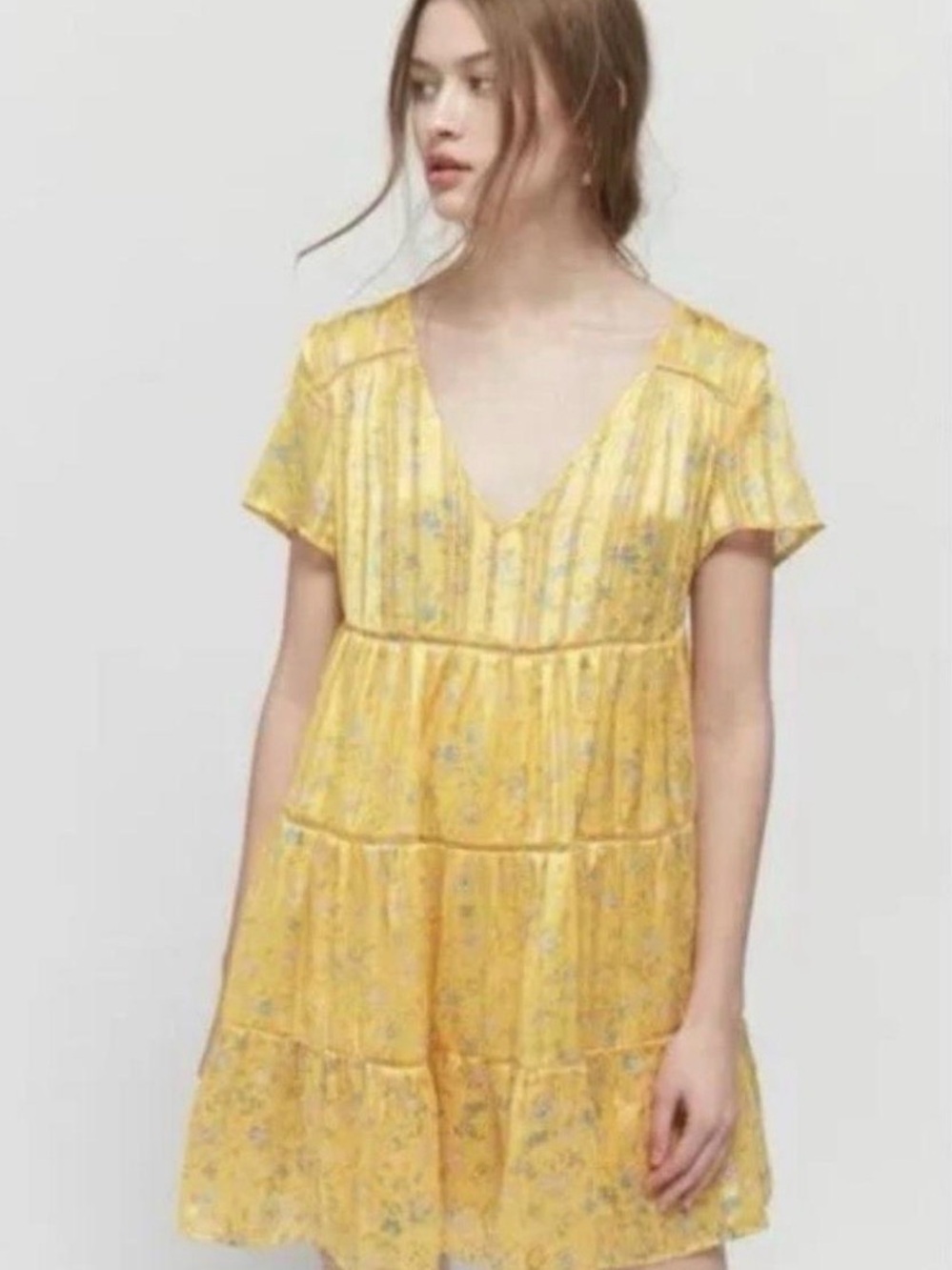 Urban Outfitters Pippa Babydoll Floral Tiered Mini Dress Yellow Size Small